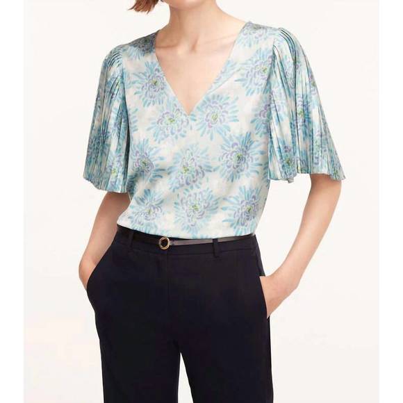NEW REBECCA TAYLOR pleated sleeve top in astera fleur turquoise combo